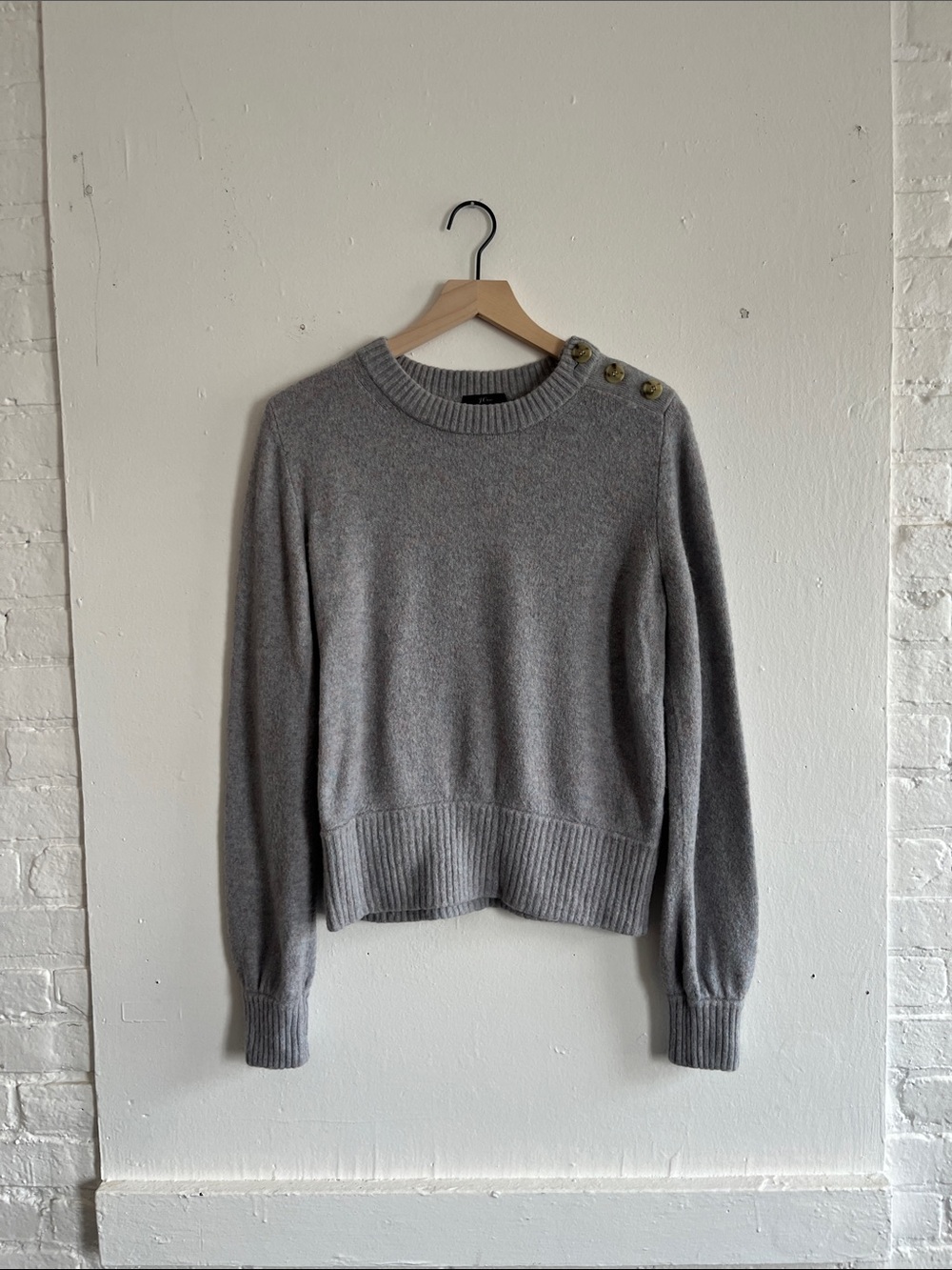 J. Crew Light Grey Crewneck Sweater with Shoulder Button Detail